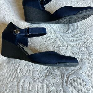 Anne Klein Sport Navy Suede Wedge Ankle-Strap Sandals